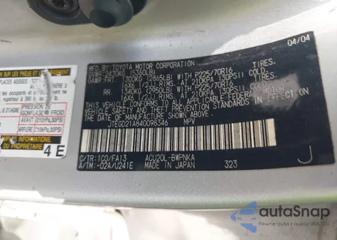 2004 Toyota Highlander z USA, uszkodzony, nr VIN JTEGD21A840098346